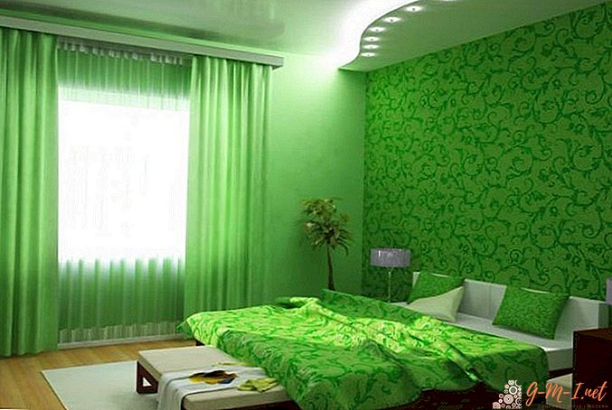 Curtains under the green wallpaper in the bedroom